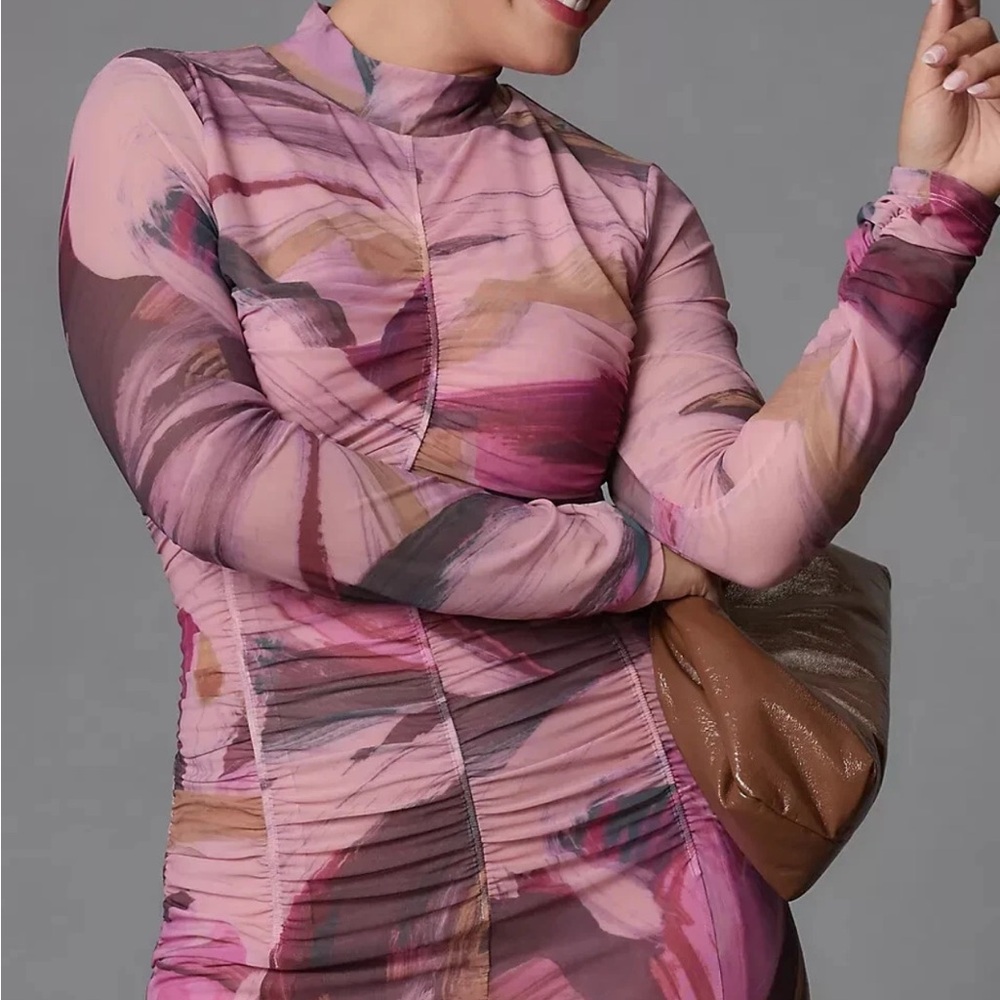 Anthropologie Long Sleeve Printed Mesh Midi Maxi Dress Ruched Mock Neck - Picture 9 of 16